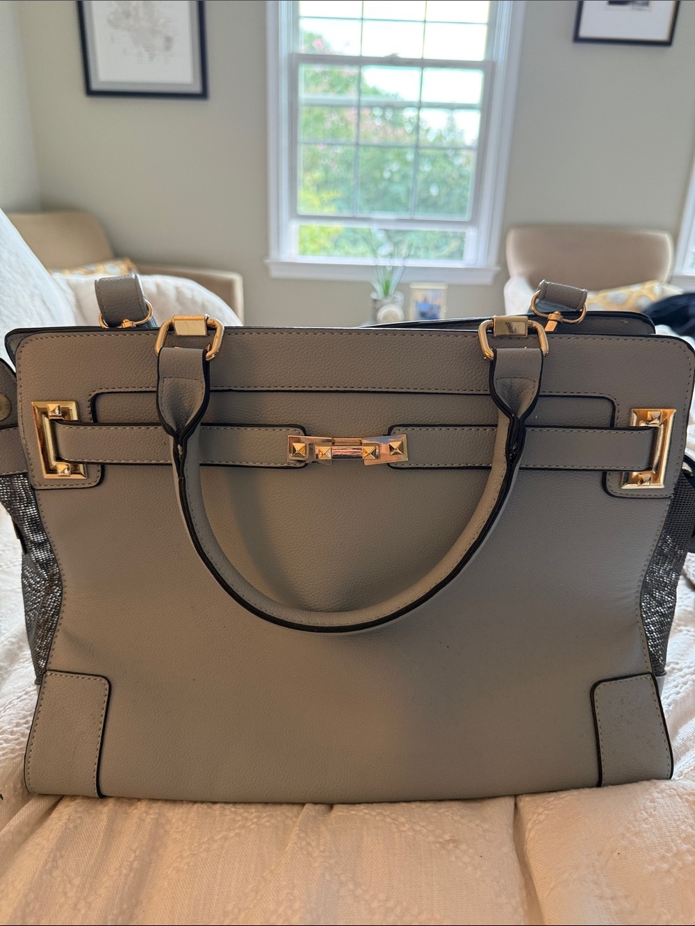 Structured Light Blue Dog Satchel with Gold-Tone Accents